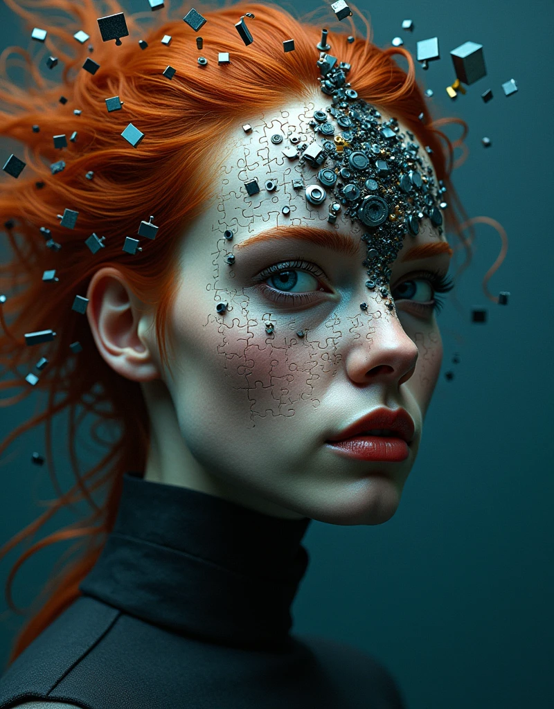 3d puzle , staring beauty woman , redhead, Ogive explosive, Machine parts embedded in the face, Volatil, inspired by Igor Morski, Dramatic artwork, photomanipulation, Manipulation de photos, Disintegration,, explosion of data fragments, tinnitus, official artwork, incredibly high detailed, Photoshop Art, effet de bruit, dark blue