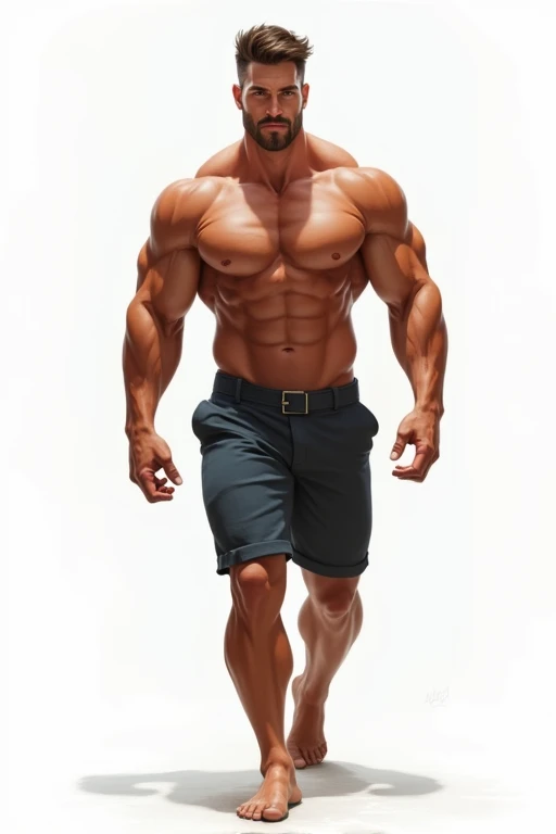 Caricature of a handsome muscular man, neutral face, walking pose, shirtless muscular arms, white background, half body