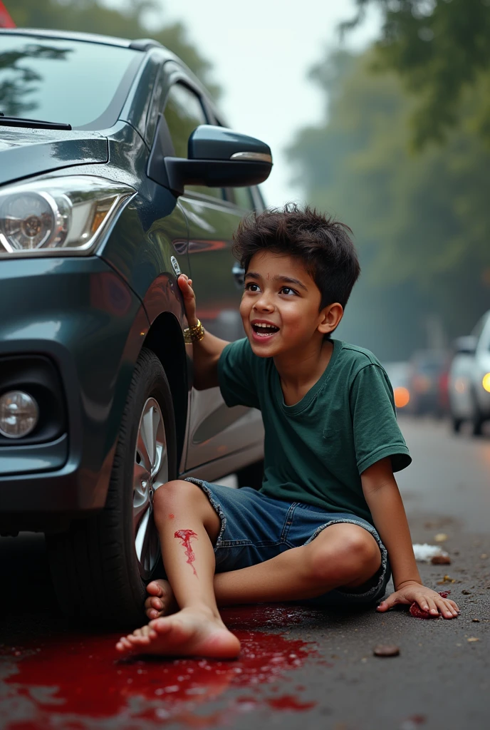 A man getting hit by a maruti ertiga car in his leg and his age 13 and gets very hurt and bleeds and he is lighter orange and he doesn't fall he is angry and sad at the same time and he hits from the front of car and the cars tire is on his leg still show the car also