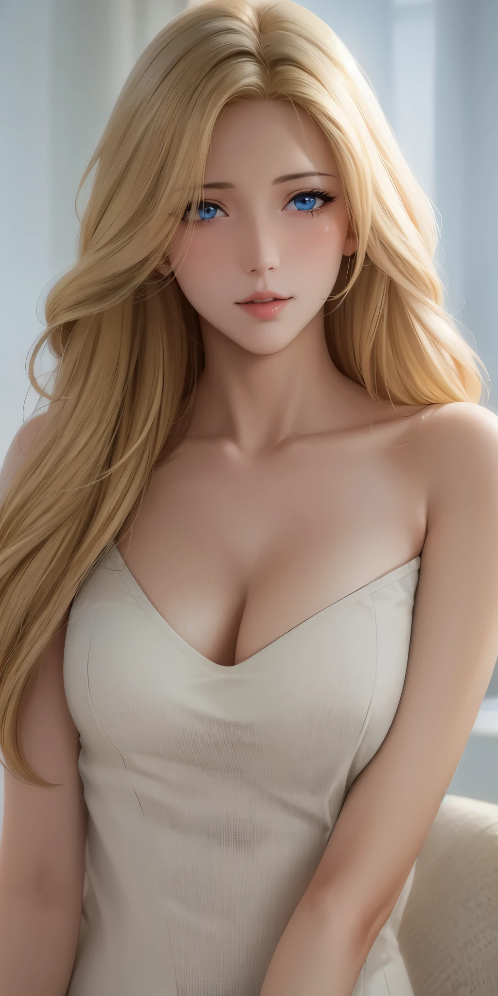 Elegant adult female, blonde hair, blue eyes, soft light, high quality, high detailed, 4k resolution, beautiful cg