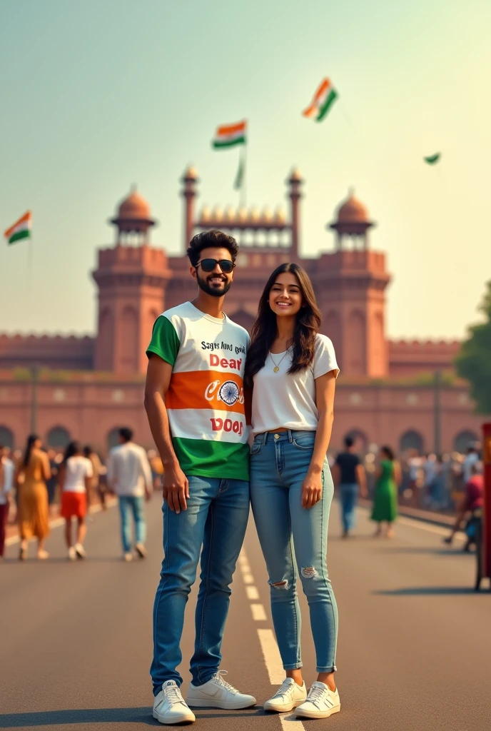 Create a realistic 4K image of an 27-year-old boy and girl standing together on the road near the Red Fort in Delhi, celebrating Independence Day. The boy, wearing sunglasses, an “Sagar And Jyoti” on it, blue jeans, and white sneakers, holds the Indian national flag. The girl stands beside him, and behind them, the Red Fort is prominently visible. In the sky above, the words “Happy Independence Day 2024” are written
