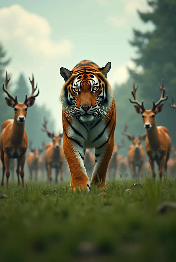 One tiger vs 100 deer fight hyper realistic 