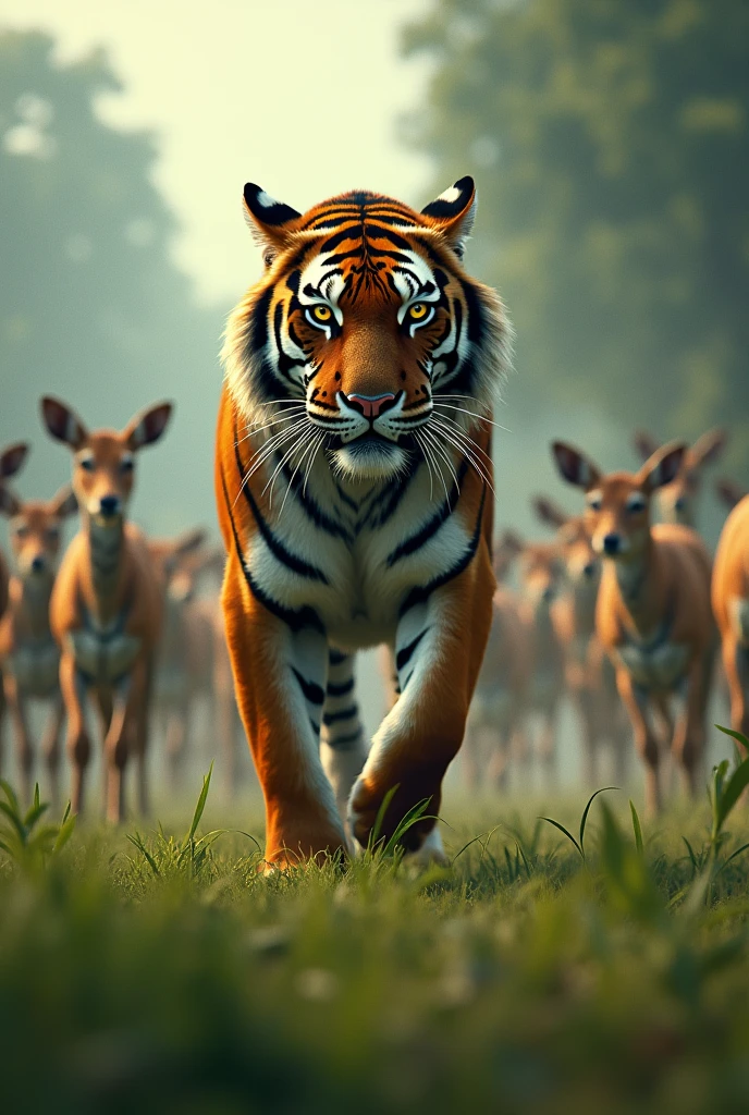 One tiger vs 100 deer fight hyper realistic 
