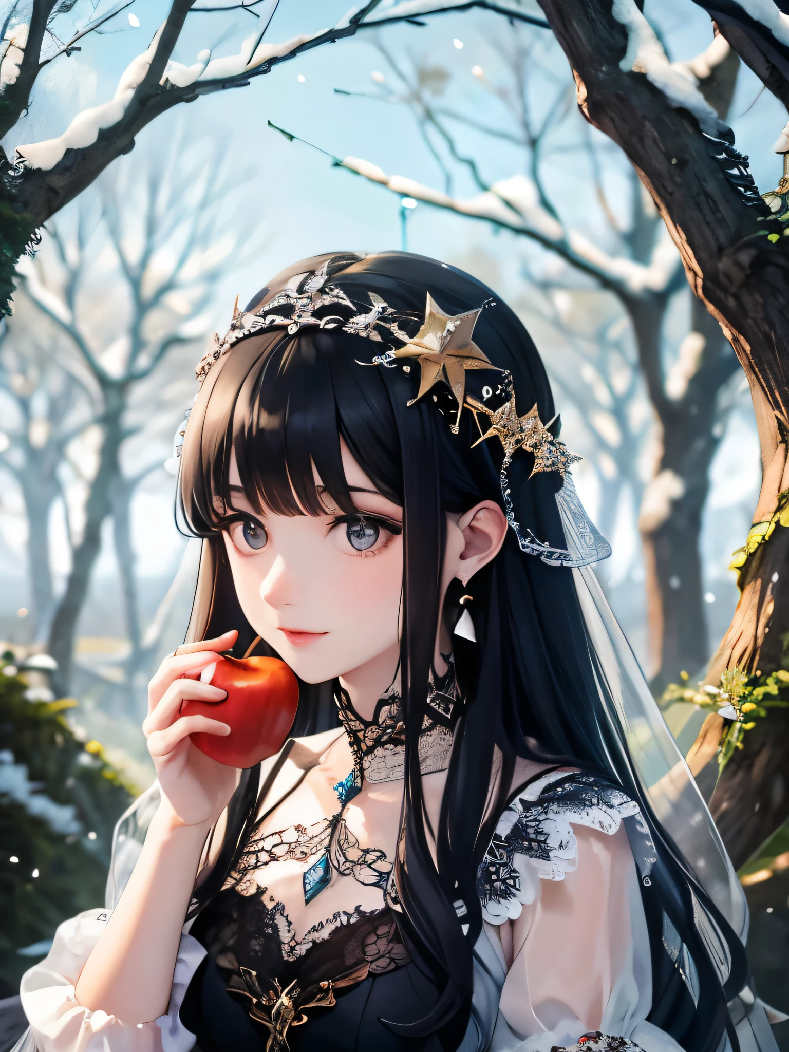 Black-haired Snow White with a  fairy on her palm, and have an apple,sparkling forest in the background