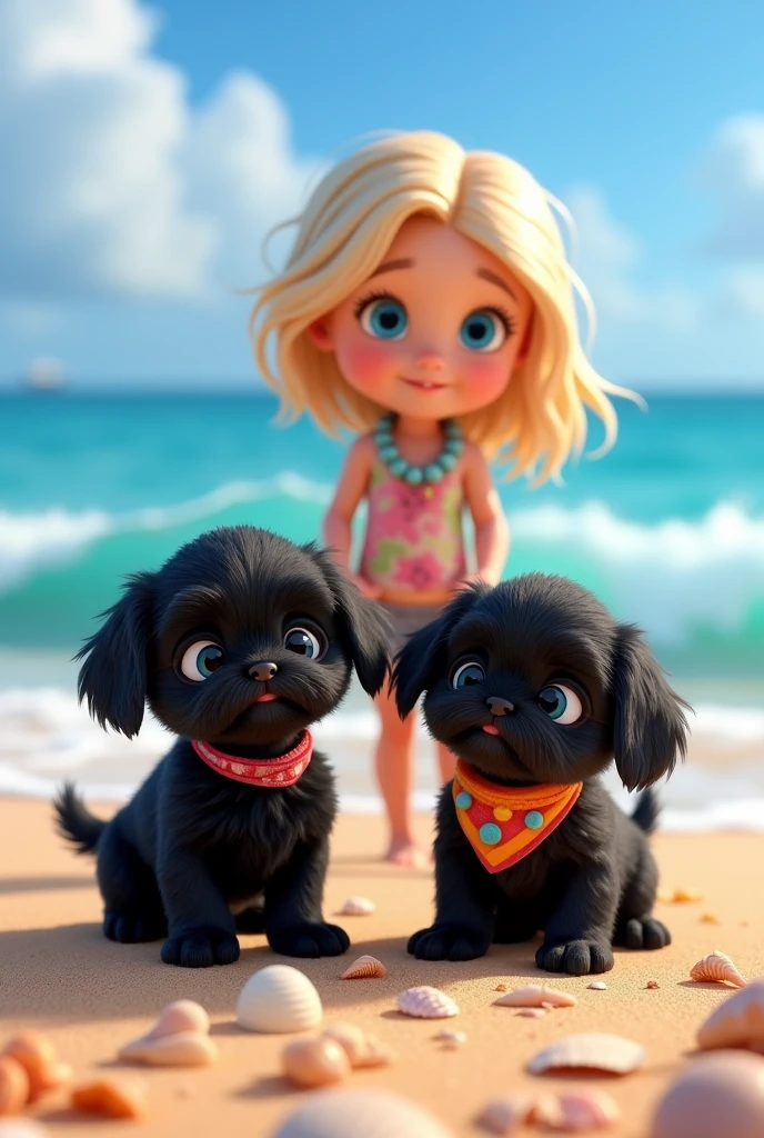 cute adorable 2 black shih tzu puppies, cute blonde girl, extremely detailed, big blue eyes, wearing colorful collar and bandana, collecting shells, 3D Pixar style, at beach, photorealistic, (best quality,8k,highres,masterpiece:1.2),ultra-detailed,(realistic:1.37),HDR,vivid colors,studio lighting