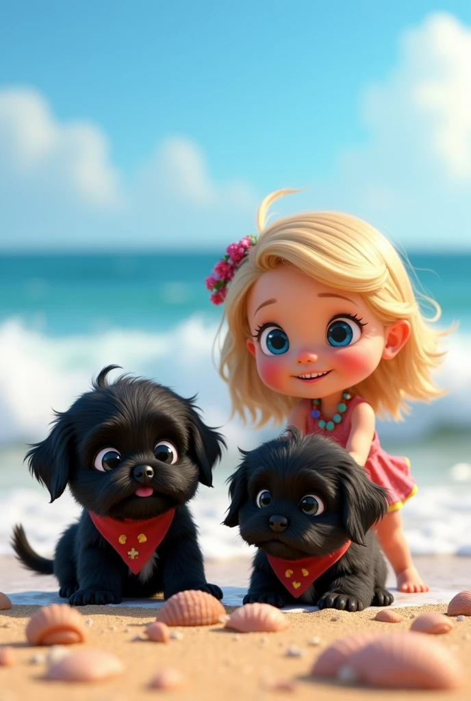 cute adorable 2 black shih tzu puppies, cute blonde girl, extremely detailed, big blue eyes, wearing colorful collar and bandana, collecting shells, 3D Pixar style, at beach, photorealistic, (best quality,8k,highres,masterpiece:1.2),ultra-detailed,(realistic:1.37),HDR,vivid colors,studio lighting