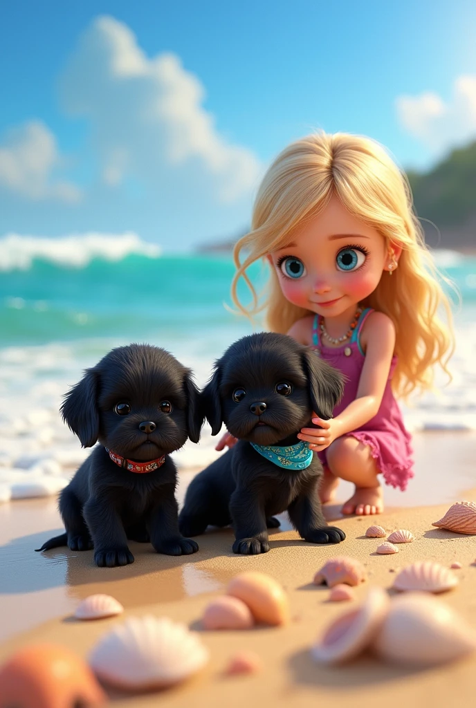 cute adorable 2 black shih tzu puppies, cute blonde girl, extremely detailed, big blue eyes, wearing colorful collar and bandana, collecting shells, 3D Pixar style, at beach, photorealistic, (best quality,8k,highres,masterpiece:1.2),ultra-detailed,(realistic:1.37),HDR,vivid colors,studio lighting
