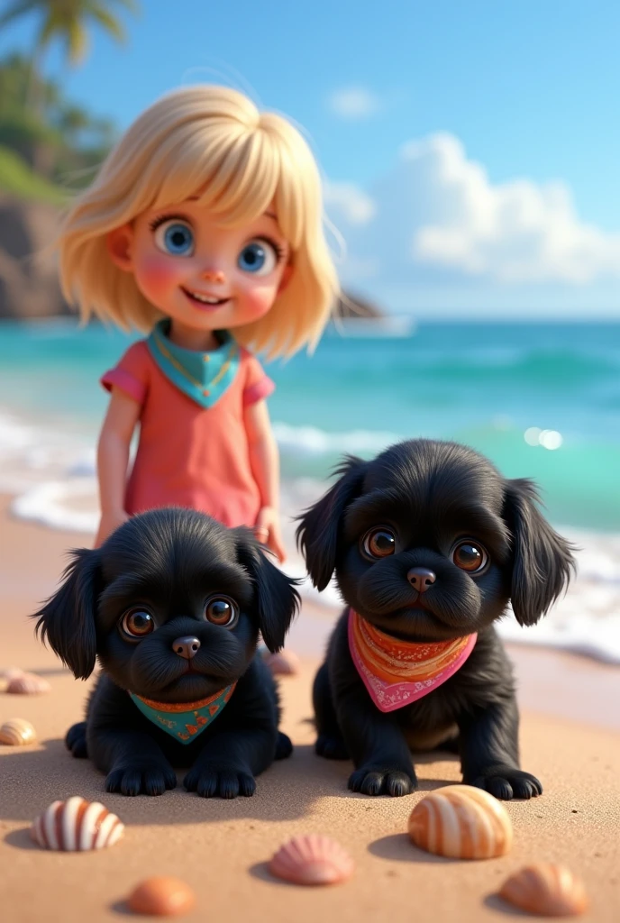cute adorable 2 black shih tzu puppies, cute blonde girl, extremely detailed, big blue eyes, wearing colorful collar and bandana, collecting shells, 3D Pixar style, at beach, photorealistic, (best quality,8k,highres,masterpiece:1.2),ultra-detailed,(realistic:1.37),HDR,vivid colors,studio lighting