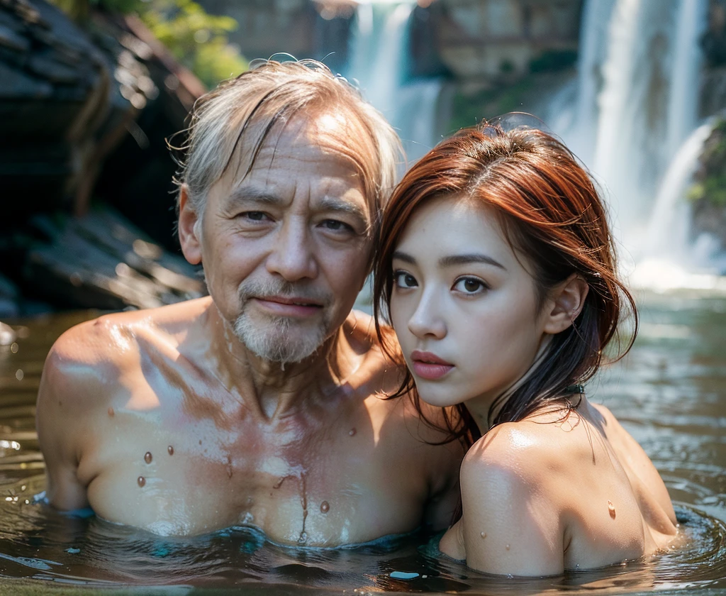 (best quality, highres, masterpiece, photorealistic:1.2),(HDR, vivid colors, wide angle, seen from below),((2people):1.65), (((a very old man with bare body, chinese likeness):1.23) and (young girl with sagging breast, red hair, slim fit body):1.3)), posing for a picture, professional dynamic lighting, (upperbody:1.3), naughty expressions, (sexy poses, hug each other, back to front), ((soaking in the river with waterfall):1.4), foggy and snowy background, cool tones, intimate atmosphere, romantic vibe, photon mapping