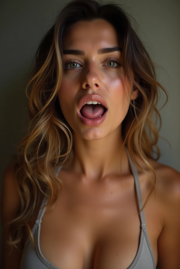 woman with big tits sucking on the camera while moaning