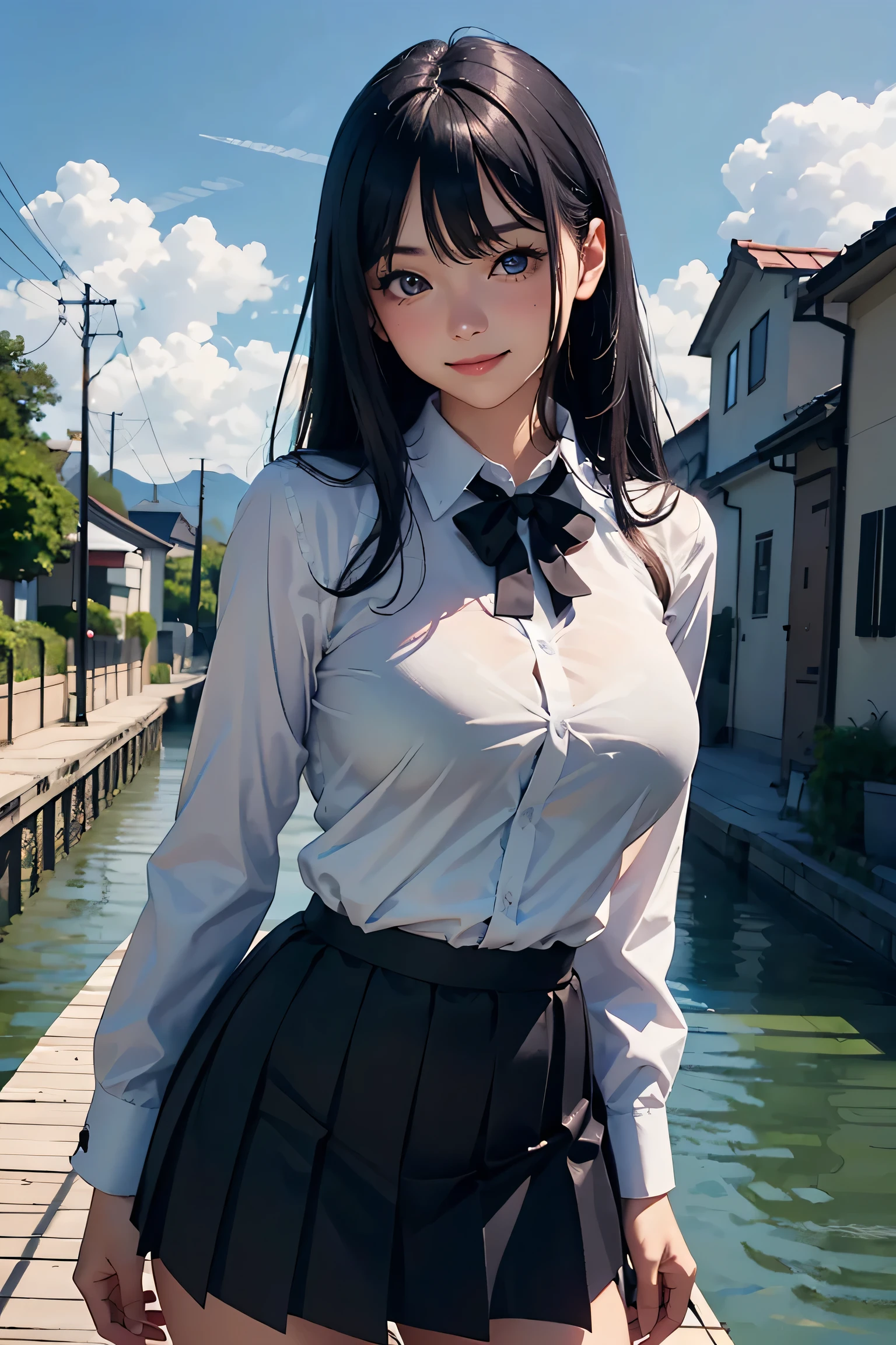 (masterpiece:1.2, Highest quality), (Realistic photos), Beautiful illustrations, (Natural side lighting, Cinema lighting),1 person, Japanese, 20-year-old female, Perfect Face, Symmetrical cute face, Glowing Skin, (Black Hair、Straight Long Hair)、Flowing bangs, Dark blue eyes, Long eyelashes, (Large Breasts:1.4), Slender build, Beautiful Hair, Beautiful Face, Fine and beautiful eyes, Beautiful body, Beautiful breasts, (White long sleeve collared shirt、Small black ribbon、Navy blue pleated skirt),smile、Blushing、stand、river、bridge、blue sky、White cloud