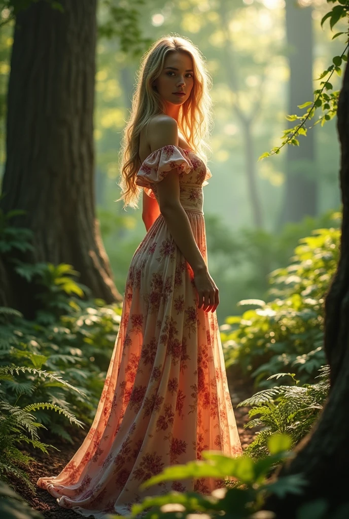 Girl blonde in flower dress, in the Forest ,seducive, realistic Photo, naturalne pose, full body visible