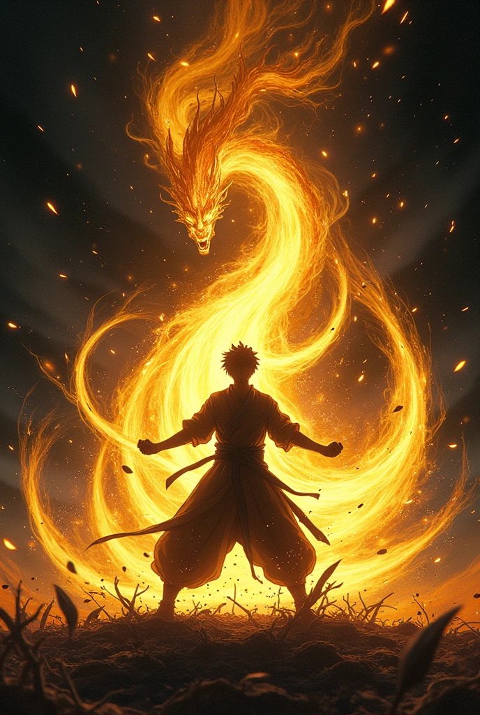 ((Best Quality)), ((masterpiece)), ((detailed)), ((High Definition)), an aura of sword slashes in anime style, all the golden color, with the black silhouette of a simple person in the center, dynamic movements, fighting pose, a god and an ascending dragon. With a black background.