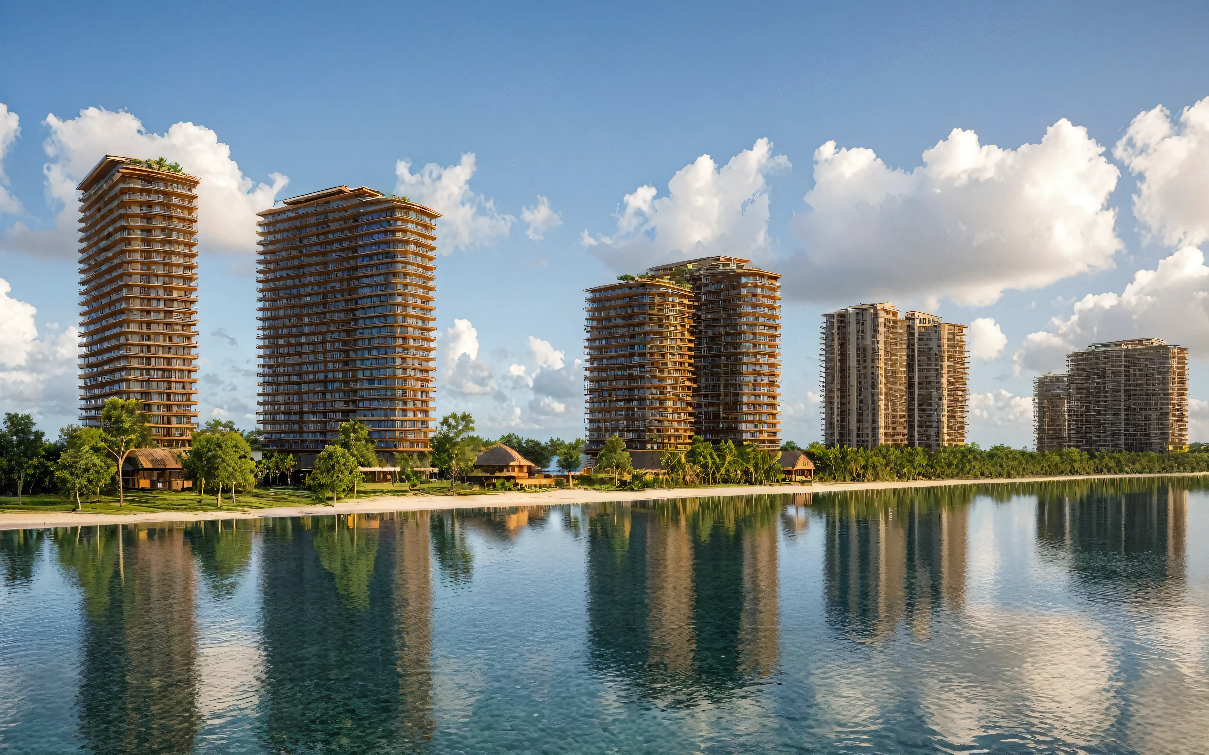 Masterpiece, high quality, best quality, authentic, super detail, outdoors, master plan, Sustainable beach resort master plan looking from a beach, with beautiful beach, eco-friendly accommodations like elevated treehouses, natural water features, and integration with the surrounding marine environment, villas in the front and high rise buildings in the back, and well-designed recreational areas, (daylight:1.1)