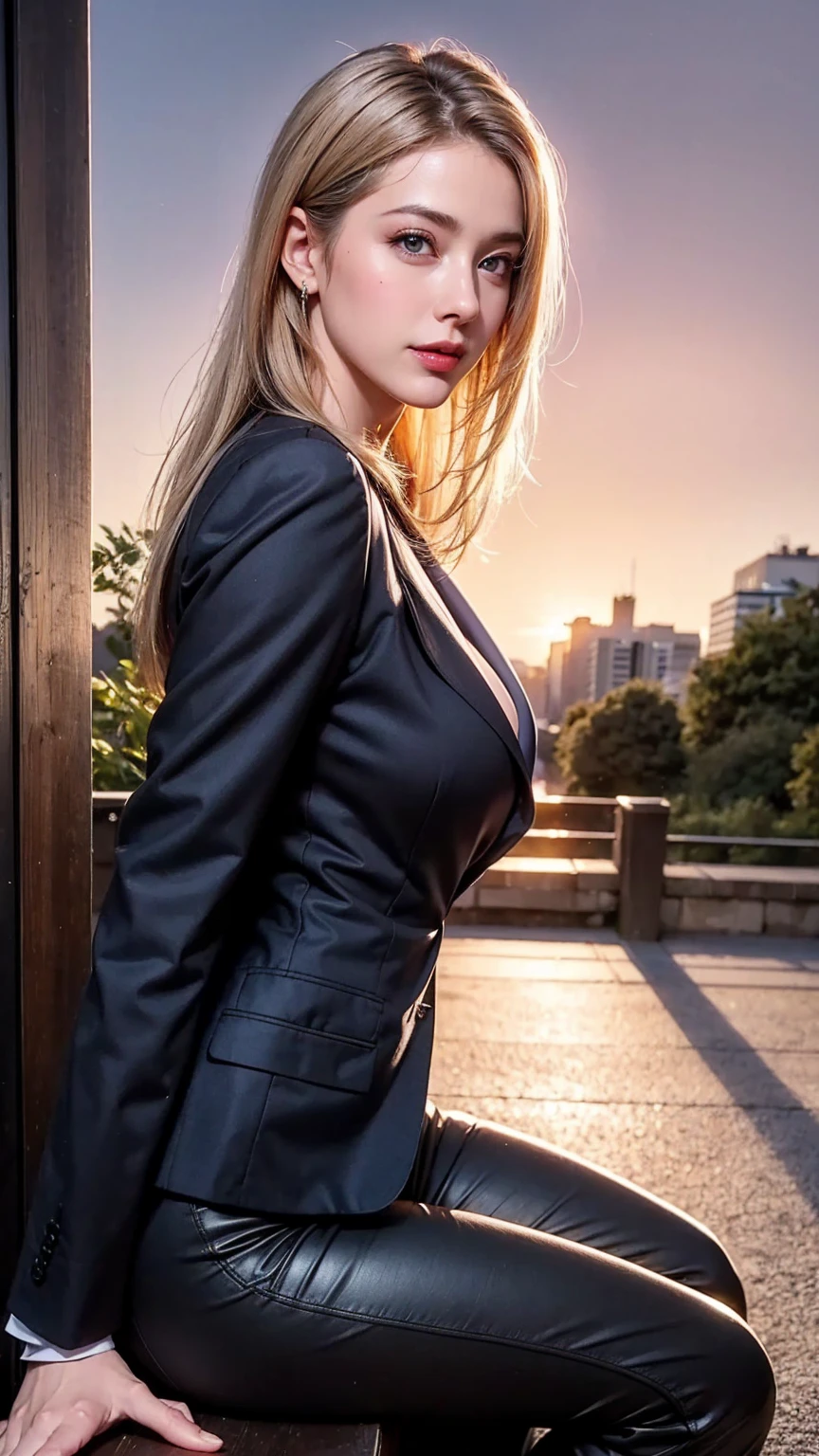 (master piece), original, RAW photo, ((extremly detailed)), ((high quality, best quality)), charm, agirl, solo, business women, elegant, beautiful, profecional lighting, the best lighting, Mature woman, perfect body, sexy body, looks at the viewer, feminine, shiny skin, oiled skin, ((brown lip, lip glosy)), big breast, huge breast, large breast, seductive, little smile, ((sexy smile)), ((blue eyes)), (((blonde hair, long straigh hair with bang))), ((women blazer suit, wearing black blazer for women, black formal long pants)), high heels, outdoor, central park city, japan, afteroon, red sky panorama, best architecture, realistic architecture, realistic background, detail background, rendering high realistic, ultra detail, 8K, high realistic, high resolution, the best resolution, detail hands, detail face, detail anatomy, high detail, high realistic, detail arms, high detail fingers, detail legs, the best proportions, (detail intricated), the best pictures, hdr, dslr, fix , fit, full color, detail pose, perfect pose, the best proportion pose, soft light, natural light, detailed light, Professional, Amazing, realistic, photorealistic, slender, thighhighs, enhance, vivid color, standing, full body, (((from side))), (((portrait))), 