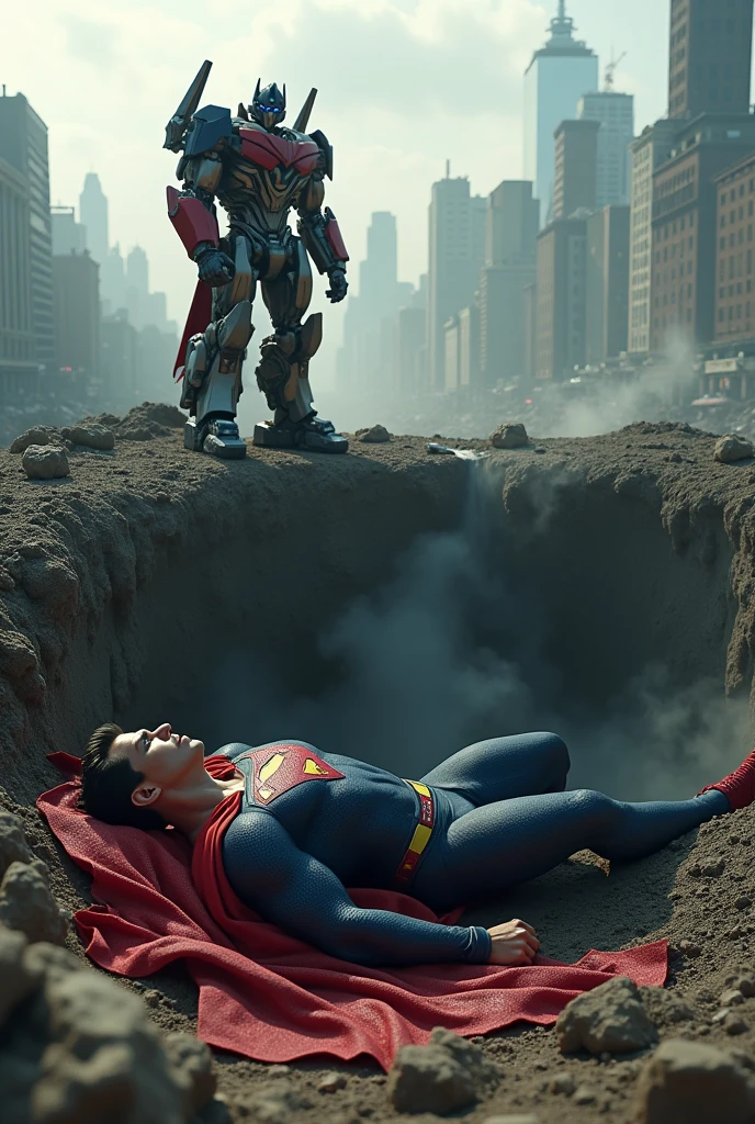 Superman Unconscious in a Crater: After the explosion, Superman lies unconscious in a large smoking crater, his suit damaged and cape torn. Optimus Prime, stand nearby, exhausted but victorious, with the ruins of Gotham, Robot sirens in the distance. A hyper realistic, cinematic, full body display of persons, head to foot show, Cinematic pose, side pose, Photographic pose, different angle, Ultra hd, photorealistic.