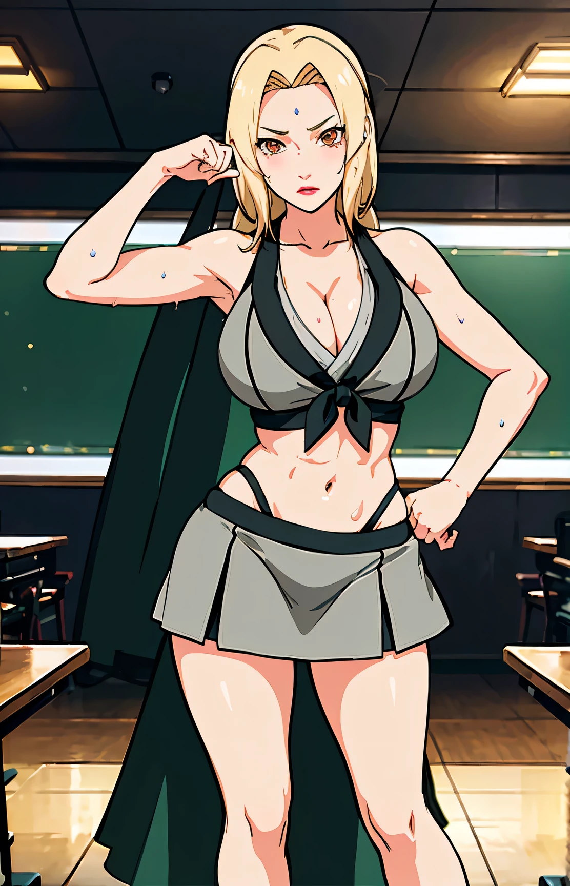 Big Tie Track Skirt,  Full Body Lesbian, Cleavage, Excellent anatomy, masterpiece, Highest quality, 4K, 8k, Professional photography, Soft Light, Sharp focus, 1 girl, Blonde, In the classroom, Blonde, Bank spin-off, Detailed face+Brown eyes, Open your lips, lipstick, Sweat，たくさんSweat，Blush Lash，Make your face bright red，There was a lot of sweat on my face，Blush Lash），（Bent over，Batsig Boobs，Seductive pose，Sexy pose）,Deep navel show:1.3,Front view,Sporting goods,Toned Abs,A long oval navel that appears deep and large:1.3