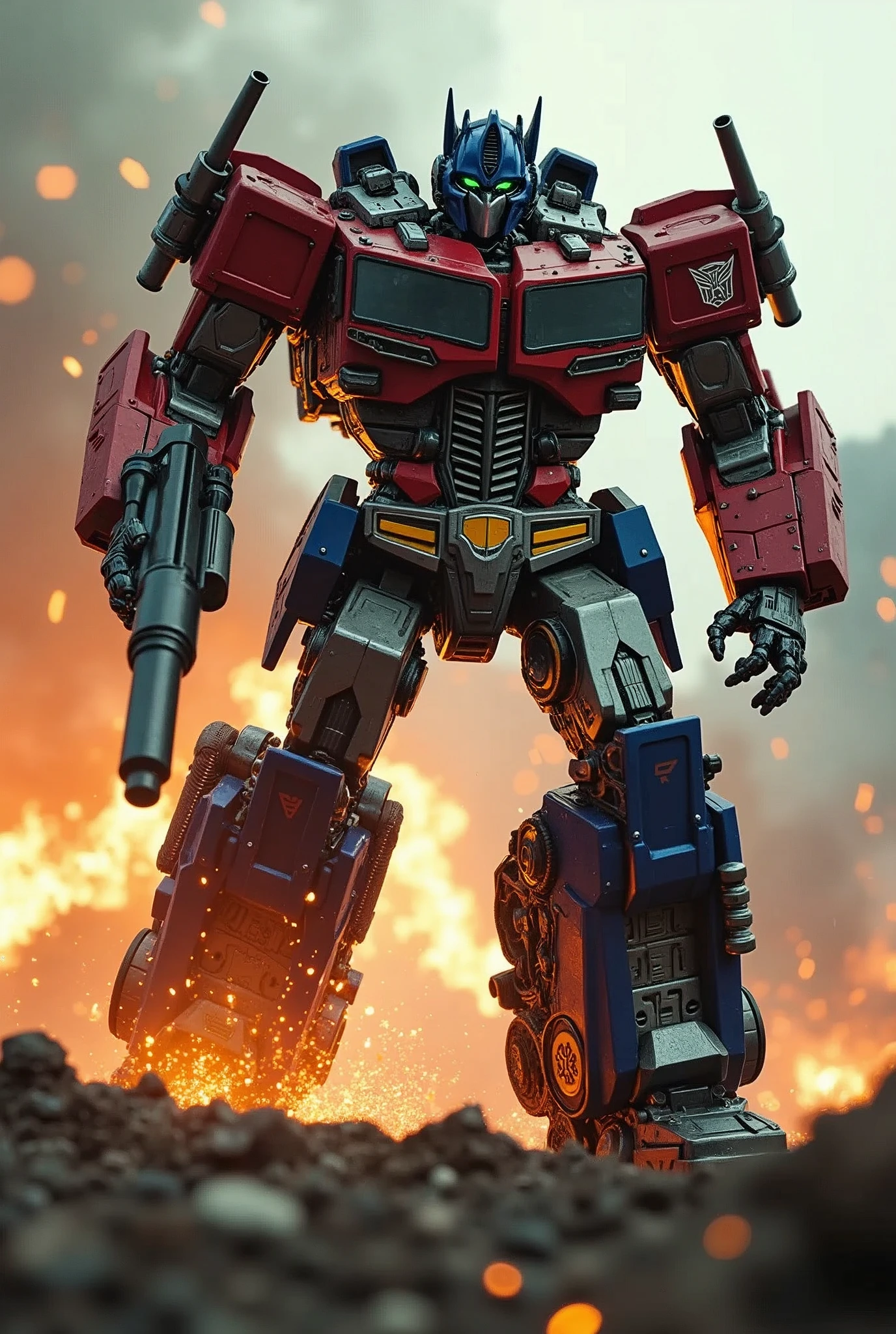 a highly detailed and realistic Optimus Prime robot. Hulk buster, very detail. High tech.extremely dynamic and energetic pose.Transformers galaxy force. Galaxy convoy. running and jumping through a war-torn battlefield, firing a bazooka. Big on his back engaged in an intense battle with Megatron, cinematic tilt-shift photography effect, hyper-detailed, 8k, photorealistic, dramatic lighting, vivid colors, industrial sci-fi, best quality. Very epic. Ashes everywhere. Ember. Michael bay. Travis knight. Hasbro. Takara tomy.