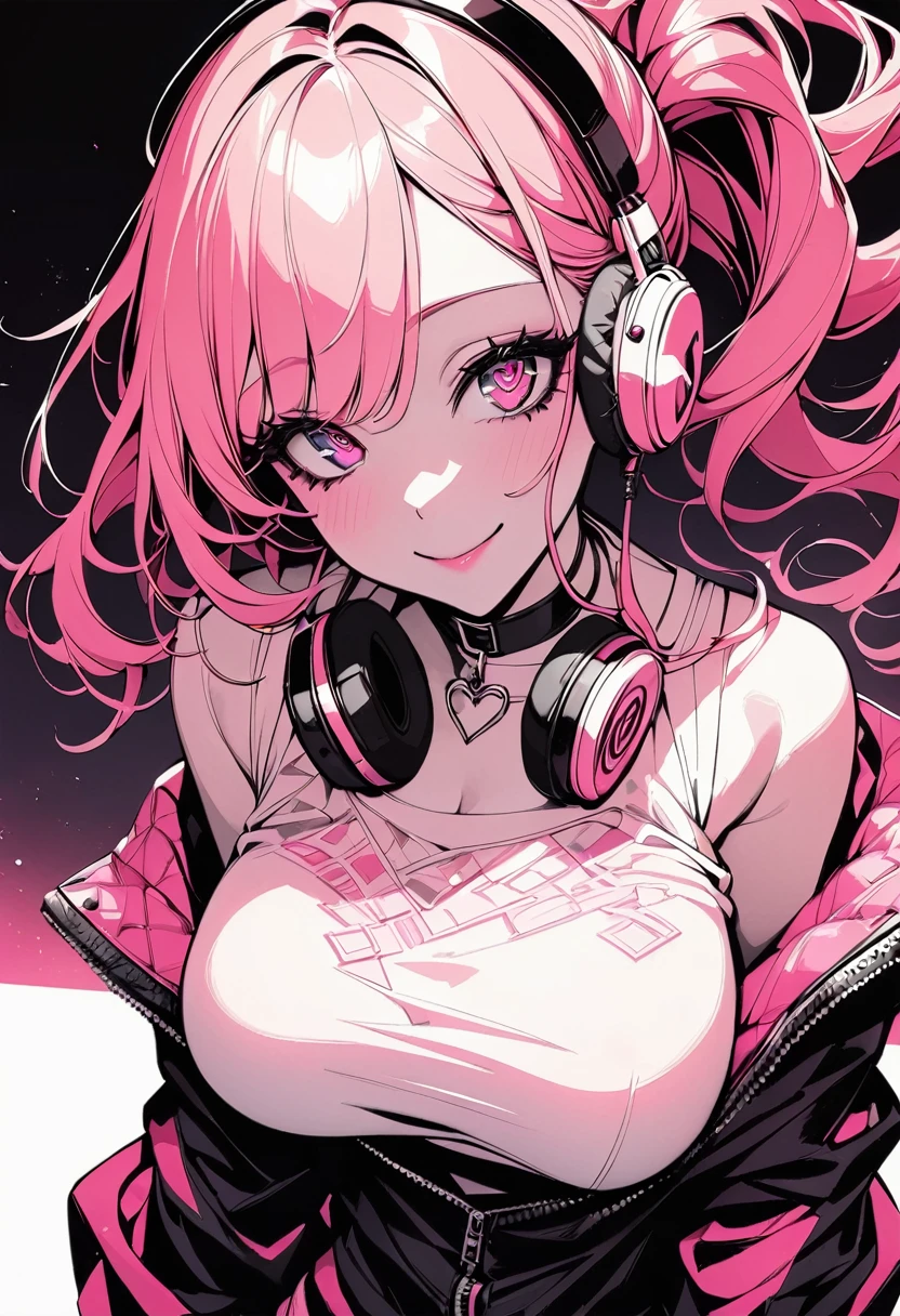 (highest quality:1.2, Very detailed, Latest, Vibrant, Super detailed, High Contrast, masterpiece:1.2, highest quality, Best aesthetics, aesthetic: 1.2), woman, Pink Long Hair, Beautiful breasts, DJ(1 headphone only), (Pink detailed eyes, Beautiful Eyes), smile, Light background , Heart-shaped choker, (Pop Art), colorful,Pink long ponytail hair, Eye of the symbol, +__+, Hip-hop costumes, Looking up, DJ Style, 