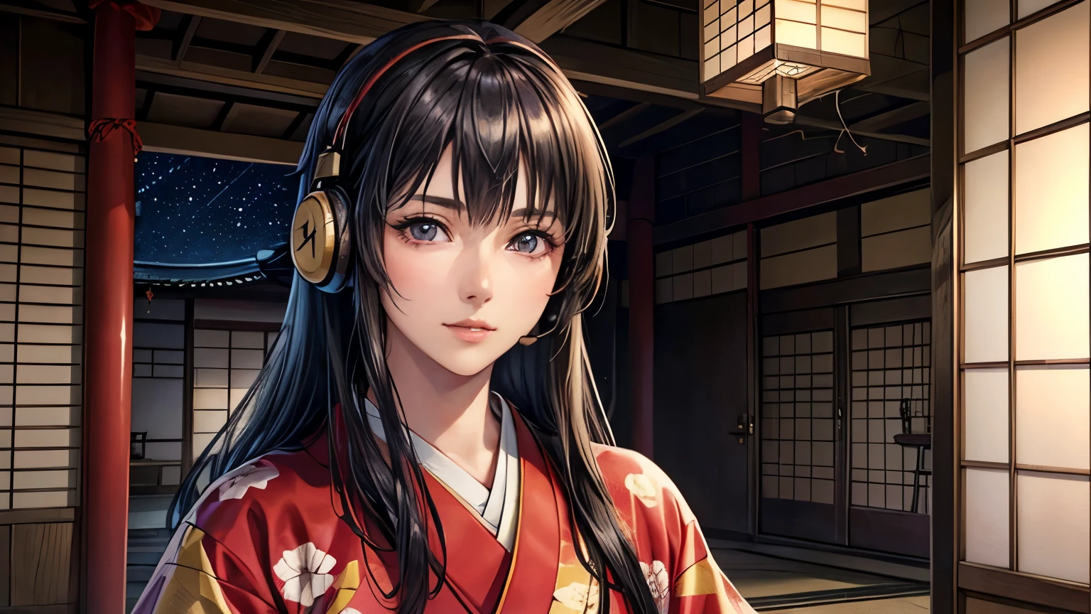 (highest quality, 8K, 32k, masterpiece), (newest, exceptional:1.2), anime, (1 girl), bangs, black hair, beautiful 8k eyes, cloud, day, dress, looking at viewer, outdoors, red neckwear, red ribbon, ribbon, river, short hair, short sleeves, ((night, starry sky)), skyscraper, solo, standing, town, water, ((Very beautiful woman, Fuller lips, Japanese pattern kimono)), ((Colorful Japanese kimono))), (((Medium Shot))), Blunt bangs, (High resolution), very beautiful face and eyes, round and small face, thin waist, delicate body, (highest quality high detail Rich skin details), (oil paint:1.2), Super detailed, (realistic, realistic:1.37), bright colors, (((Black Hair))), (((Long Hair))), (((Cowboy photos))), (((Inside an old Japanese house))), (top quality, best quality, official art, beautiful and aesthetic:1.2), extreme detailed, (fractal art:1.3), colorful, highest detailed, Sengoku period, (High resolution), Very beautiful face and eyes, Narrow waist, Delicate body, (Realistic, Realistic:1.37), ((headphones, wearing headphones)),
