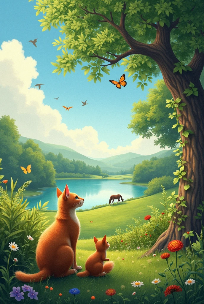Une image de campagne verdoyante avec un lac en arriere plan, un gros arbre verdoyant en second plan et en premier plan un beau chat roux et un eccureil, il y a des oiseaux dans le ciel et des papillons. Il y a un cheval qui s’abreuve au lac. Avec un rendu realiste