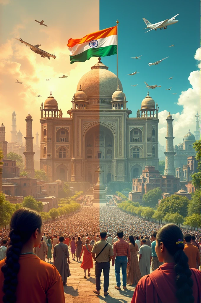 Generate a poster of india in 1947 and compare it with India in 2024