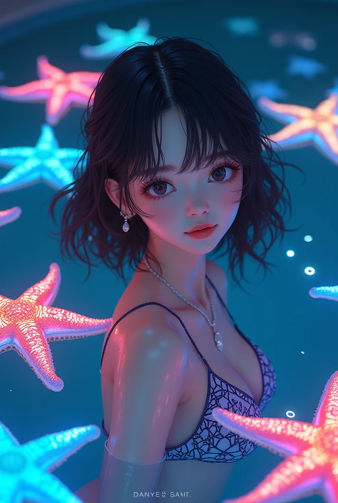 ultra HD,32k,detailed face,entangled by glowing colorful huge star fishs, insanely detailed and intricate, night,pool,RAW photo,ultra realistic photo,beautiful Japanese idol,kawaii,vivid, grow, 16yo,big eyes,detailed skin,clavicle,wavy and medium hair,detailed bikini with geometrc print,floating in pool,necklace,earrings,detailed shadow,gravure,wistful smile, looking back at viewer,colorful lighting, surreal