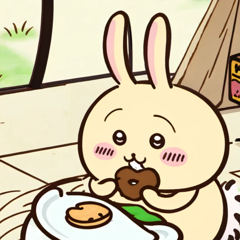 chiikawa\(a\),
:3, one rabbit solo,animal focus, food, no human, eating, cat, hood, big eyes, animal, holding, solo, indoors, doughnut, hood up, holding food