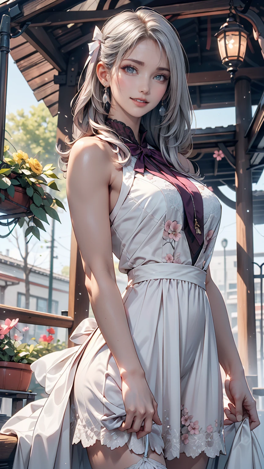 masterpiece, Great work, Daytime, Outdoor, Falling Flowers, White Dress, 1 person, Perfect Woman, Woman with long silver and white hair, Gray blue eyes, Pale pink lips, cold, Severe, Van, Purple eyes, White clothes, Black Apparel Line, Delicate face, Beautiful Face, Standing Bow, Tassel, The Knot of Happiness, smile