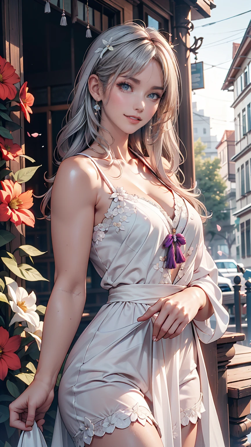 masterpiece, Great work, Daytime, Outdoor, Falling Flowers, White Dress, 1 person, Perfect Woman, Woman with long silver and white hair, Gray blue eyes, Pale pink lips, cold, Severe, Van, Purple eyes, White clothes, Black Apparel Line, Delicate face, Beautiful Face, Standing Bow, Tassel, The Knot of Happiness, smile