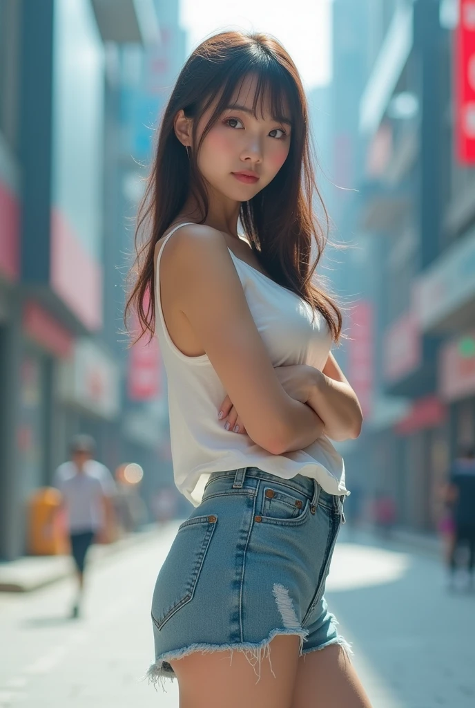 ((Medium chest, Long hair, Small head)), sunlight, Sunlight, (Chiseled abdominal muscles: 1.1), (Perfect body: 1.1), (Short Wavy Hair: 1.2), Auburn hair, collar, chain, full-body shot, Dilapidated streets, Wearing a black vest, denim jacket, ((Extremely detailed的 CG 8k 壁纸), (Extremely refined), (masterpiece), (best quality: 1.0), (Super Resolution: 1.0), Beautiful Lights, Perfect Lightning, Realistic shadows, [high resolution], Delicate skin, Extremely detailed