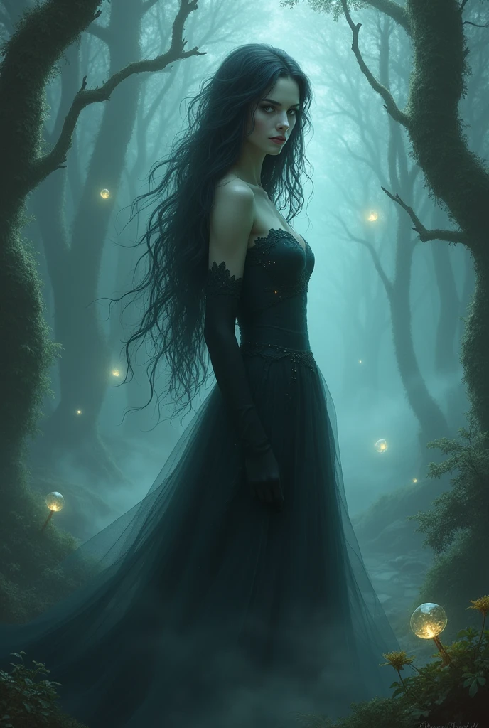 A hauntingly beautiful woman stands in the middle of a dense, eerie fog in a mystical forest. The fog swirls around her, partially obscuring her figure and creating an ethereal atmosphere. She has long, flowing dark hair adorned with small, glowing gemstones, and wears a flowing, dark, and elegant dress that blends seamlessly with the mist. Her eyes are piercing and filled with secrets, casting a captivating and enigmatic gaze. The forest around her is filled with twisted trees and faintly glowing magical runes etched into their bark. Strange, luminescent plants and creatures can be seen faintly through the thick fog. The overall mood is mysterious and slightly ominous, with muted colors and soft, magical lighting adding to the sense of fantasy, enigma, and intrigue
