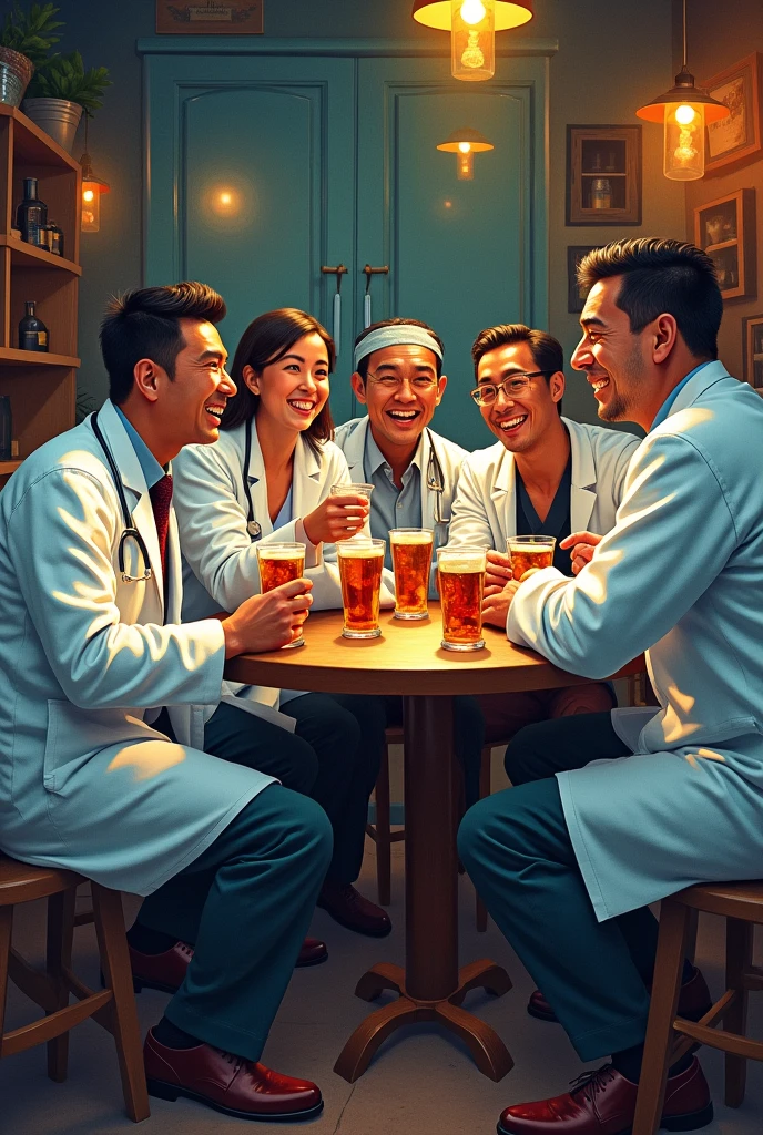 Nepalese mongolian doctors drinking beer and being wild