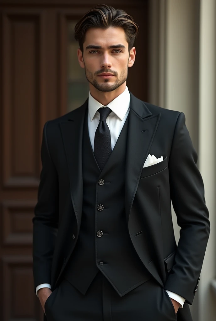 The handsome boy wearing the 3 piece suit and have a silky hairs