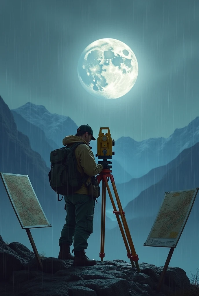 A man is focussing moon by using total station. he is standing top of the mountain . Mountain is covered by contour line and raining also. Two small maps are both sdide of him.