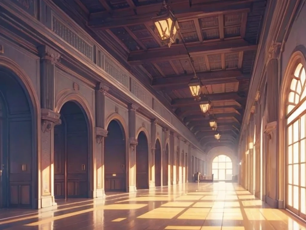 A perspective looking up at the ceiling of a Western-style building、corridor、Anime-style background illustration