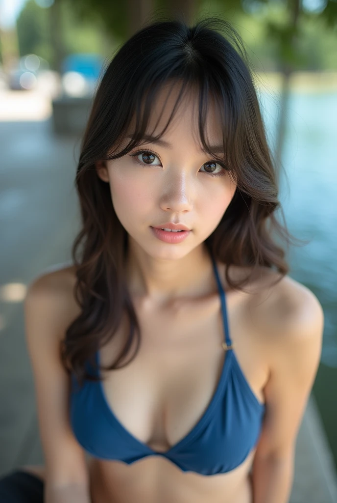 A close-up of a woman in a blue bikini sitting on a bench, Young and cute gravure idol,Young Gravure Idol, Young and skinny gravure idol, Young Sensual Gravure Idol, realistic Young Gravure Idol, A sophisticated gravure idol, Japanese Model, ayami kojima amano, Chiho, It rains, realistic sensual gravure idol, Yasumoto Oka, ,Chiho, Beautiful straight hair,shikamimi, Yoshitomo Nara, kimi takemura, Yasumoto Oka, Kotegawa Yui, narumi kakinouchi, Portrait of Mayuri Shiina,Detailed face and body, Natural light, High resolution, photoRealistic, (Highest quality,8k,High resolution,masterpiece:1.2),Very detailed,(Realistic,photoRealistic,photo-Realistic:1.37),Realistic skin texture,Fine eyes and lips,Beautifully detailed face,Long eyelashes,Smooth Skin