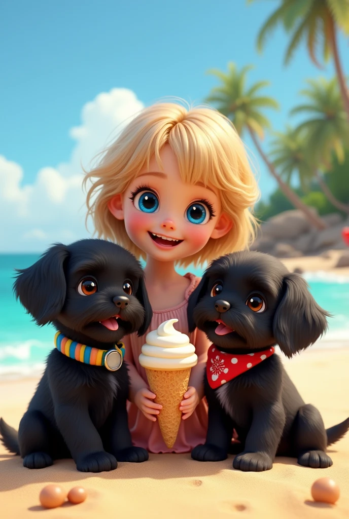 cute adorable 2 black shih tzu puppies, cute blonde girl, extremely detailed, big blue eyes, wearing colorful collar and bandana, eating ice cream, 3D Pixar style, at beach, photorealistic, (best quality,8k,highres,masterpiece:1.2),ultra-detailed,(realistic:1.37),HDR,vivid colors,studio lighting