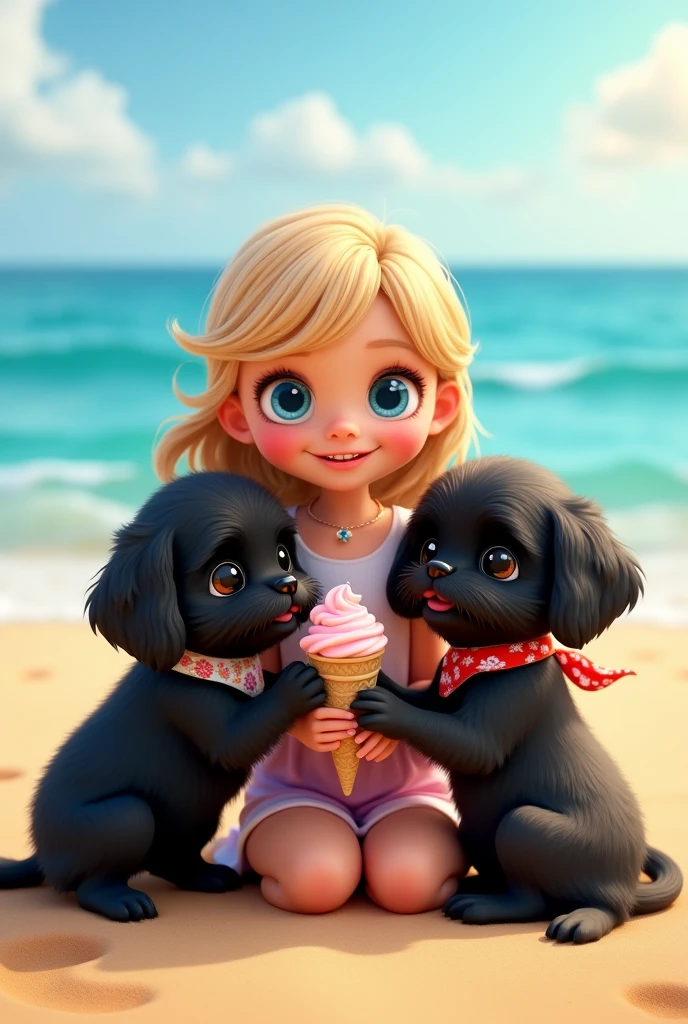 cute adorable 2 black shih tzu puppies, cute blonde girl, extremely detailed, big blue eyes, wearing colorful collar and bandana, eating ice cream, 3D Pixar style, at beach, photorealistic, (best quality,8k,highres,masterpiece:1.2),ultra-detailed,(realistic:1.37),HDR,vivid colors,studio lighting