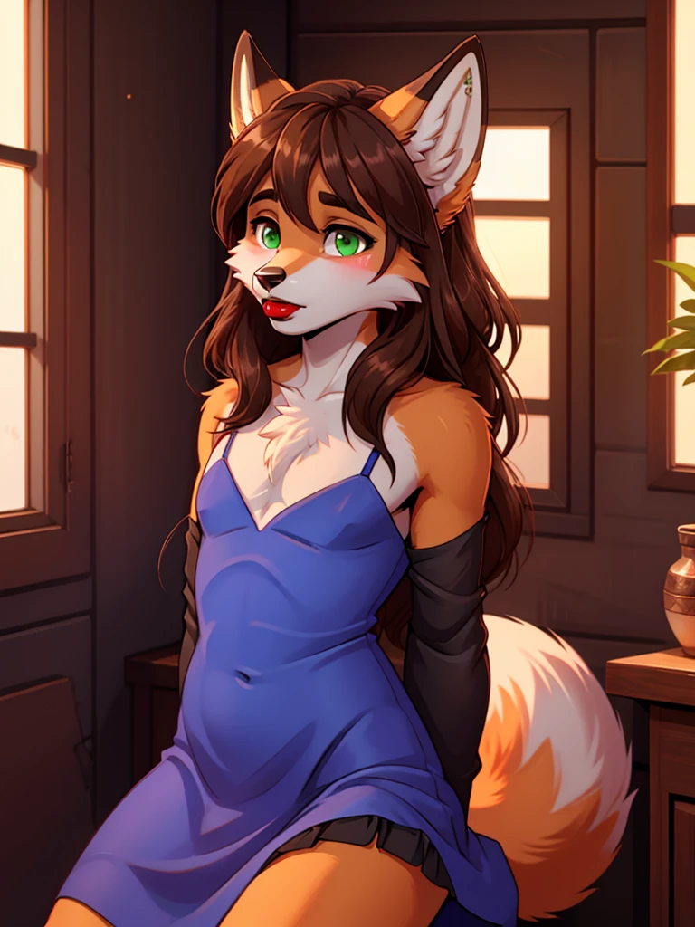 Best quality, furry male fox with green eyes, with brown long hair, with black spout, with red lipstick on lips, big lips, in a blue dress, crossdressing, bare chest, shy, he&#39;s waving his hand near his mouth, sexy pose, portrait, Against the background of the night street