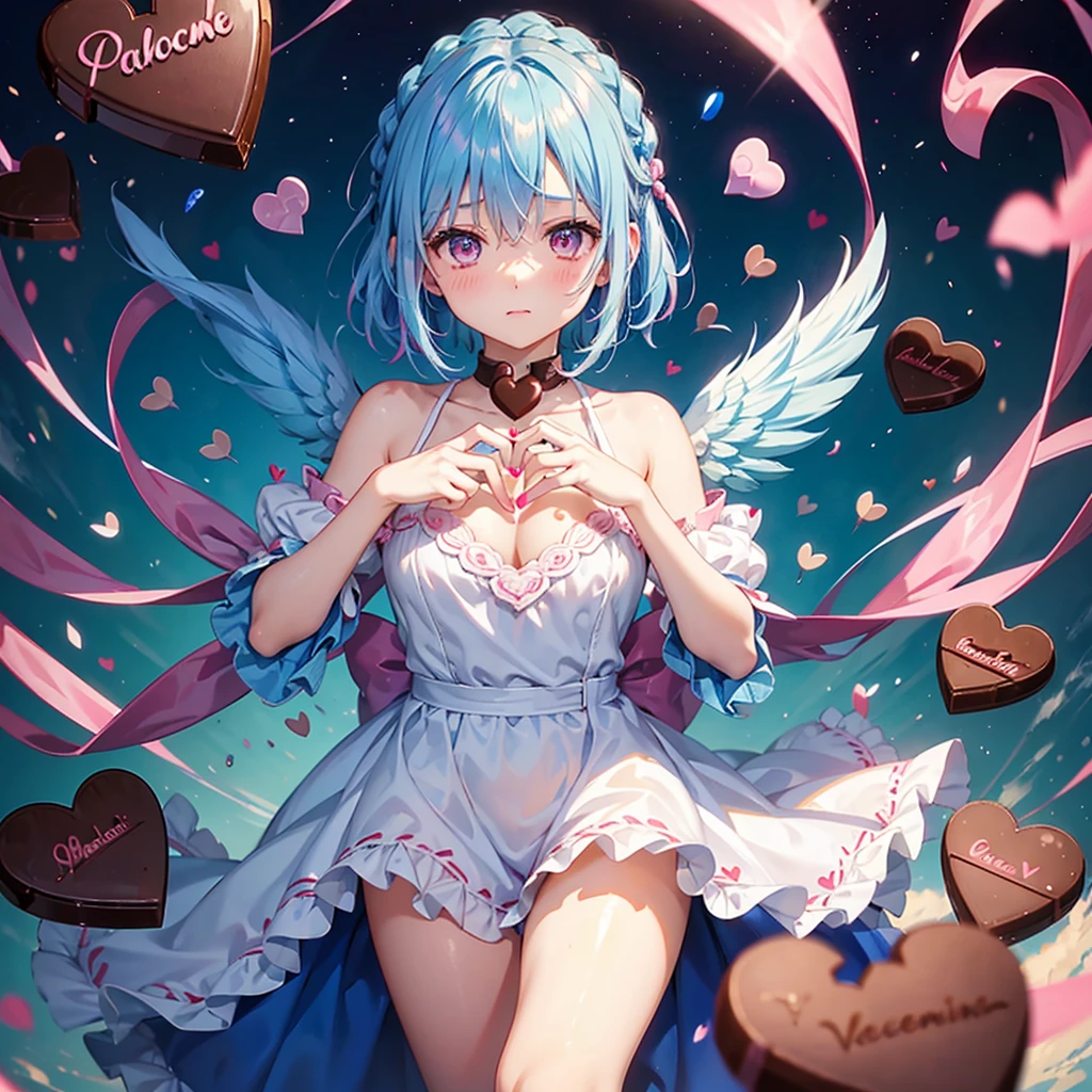 Sky blue hair、Braided Short Hair、Pink Eyes、Fair skin、whole body、One person、shy、Lots of hearts in the background、(Heart-shaped chocolate)、(Chocolate Angel)、Valentine's Day、masterpiece、Highest quality、Very detailed、Best Shadow、Detailed Background、Beautifully detailed face、High Contrast、Best lighting、Very delicate and beautiful、Cinematic Light、Hyper Detail、8k、Dramatic Light、Exquisite detail、