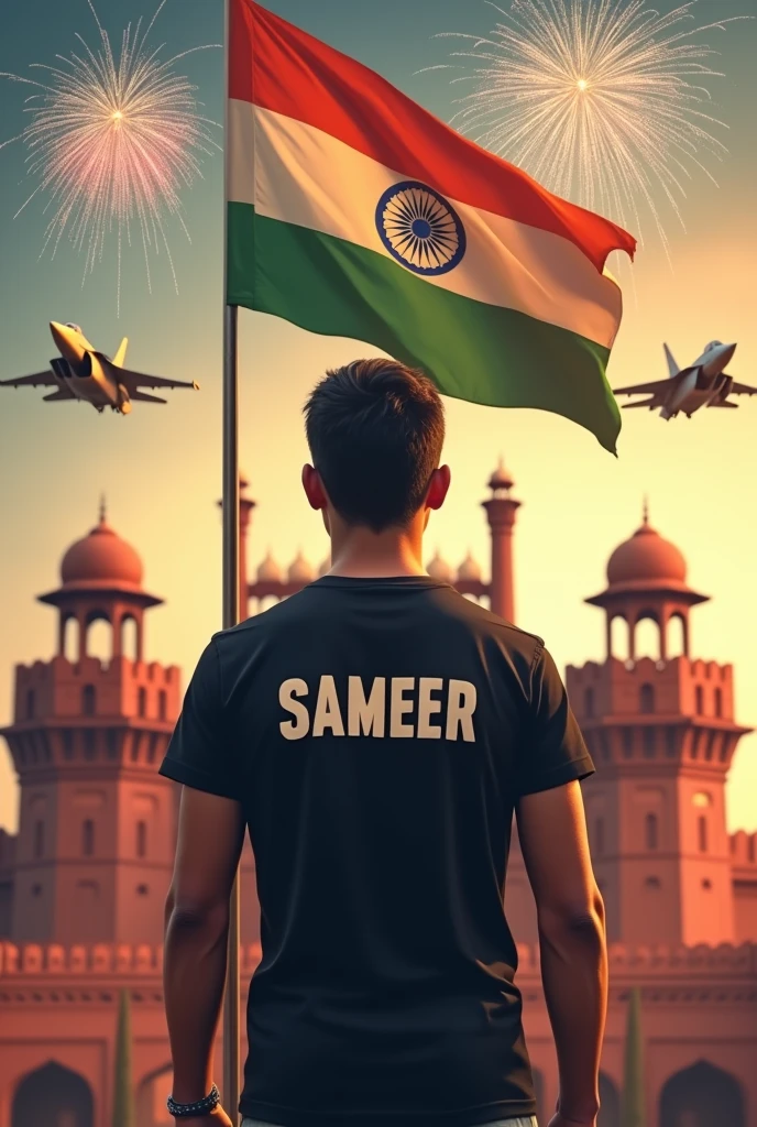 A ager 6 feet boy wearing black half shirt and on it SAMEER name is written in bold medium letter and he is standing at esse position looking at tricolour and in his background there is Red fort on which the indian tricolour settles. On red fort there is two fighters rafel that are flying over him. Whole sky is coloured with 12 star crackers shots