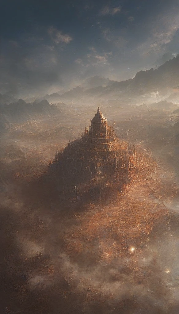 from above, bokeh, UHD, masterpiece, high details, high quality, award winning, best quality, highres, 16k,
(Looking up angle),Big stone and mud Humanoid creature,(Big humanoid made of Stone and mud creature distroying the city, mountain, big buildings, fire:1.3),Great Wilderness,Dense fog,old,Dead branches,Art style of Philip Hodas,Matte of the human soul, realism ,BDO works by American digital artist Stuart Lippincott,Use advanced tones and shading,Creates a dazzling and mysterious light,The deep spatial pattern and mysterious atmosphere,Create a sci-fi mechanical god realm,Highlighting the insignificance of human beings,and fear of the unknown,minimalist art,fantasy,Surrealism, side ways