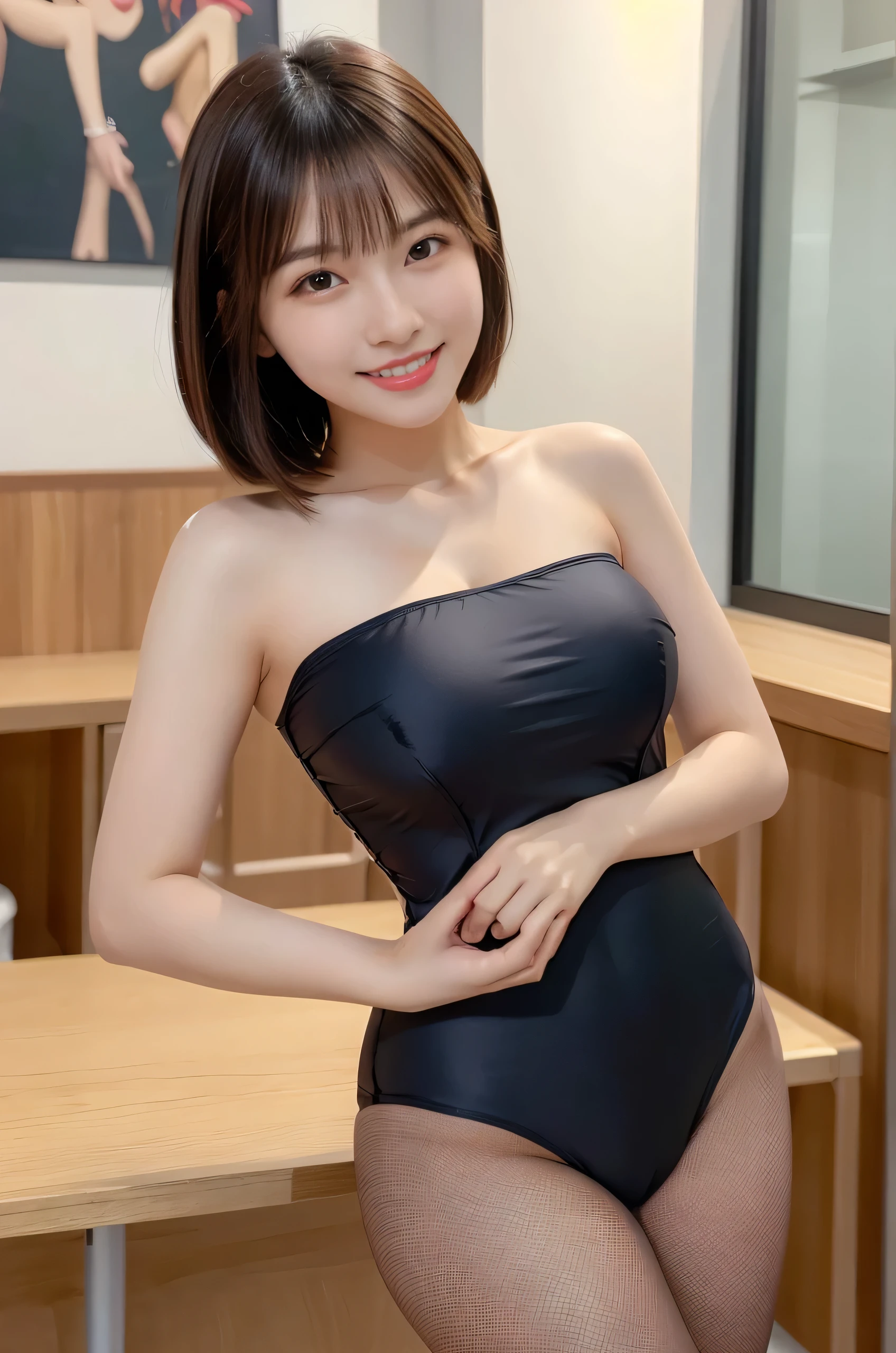 (masterpiece:1.3), (Highest quality:1.4), Ultra-high resolution, One person, (Beautiful Eyes), (Detailed facial features), (Detailed characteristics of the garment), Firm Skin, (Glowing Skin), happiness, smile, Bob Hair, (light brown pantyhose), Westshot, Strapless high cut one piece swimsuit