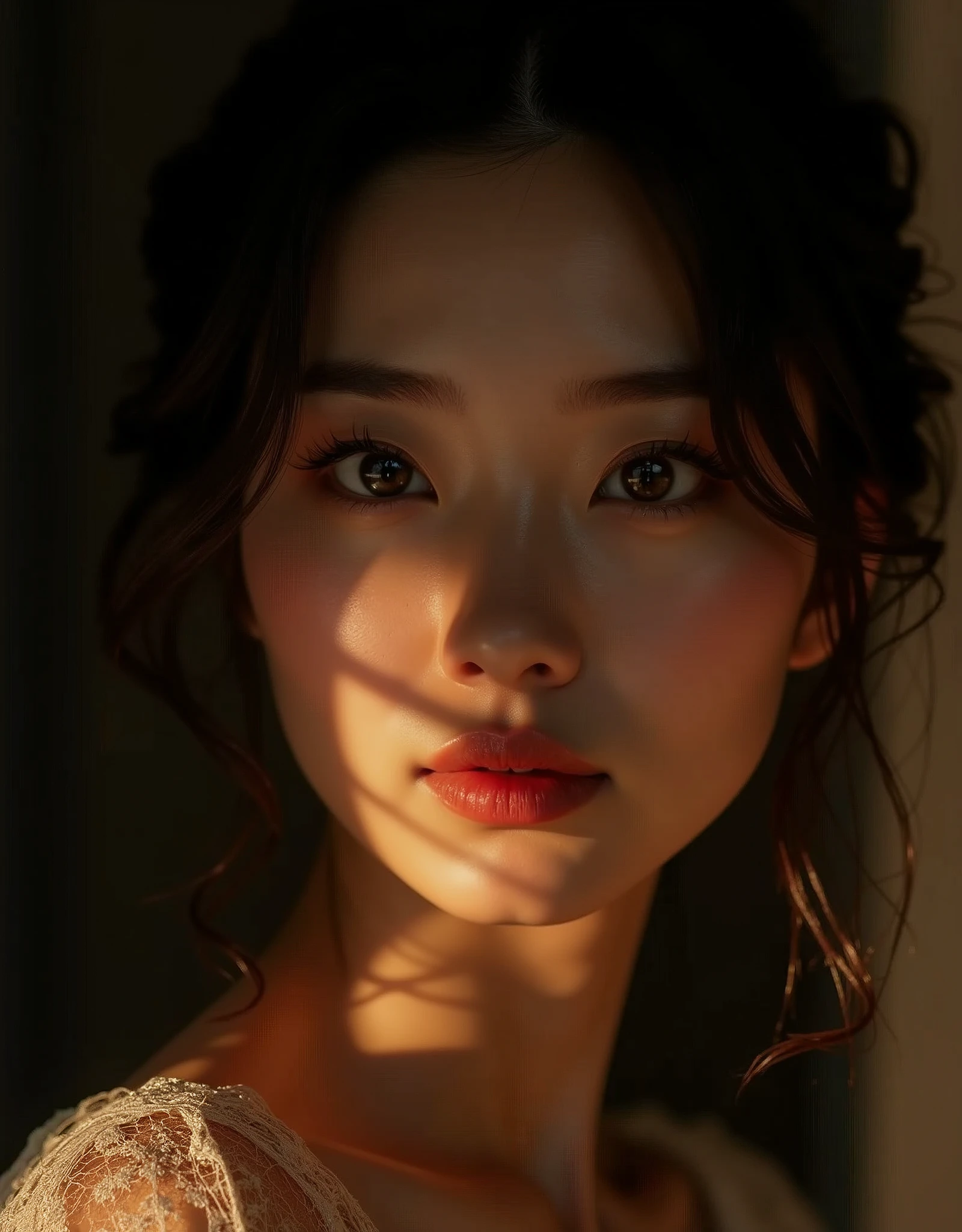 a beautiful asian woman, detailed facial features, striking eyes like stars in the night sky, long eyelashes, flawless skin, serene expression, elegant hairstyle, dramatic lighting, dark moody color palette, cinematic composition, (best quality,8k,highres,masterpiece:1.2),ultra-detailed,(realistic,photorealistic,photo-realistic:1.37),portrait,chiaroscuro lighting,dramatic shadows,warm colors