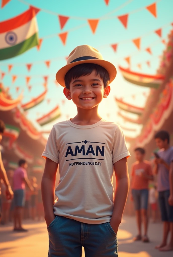 AMAN name logo in shirt 
boy celebrate independence day