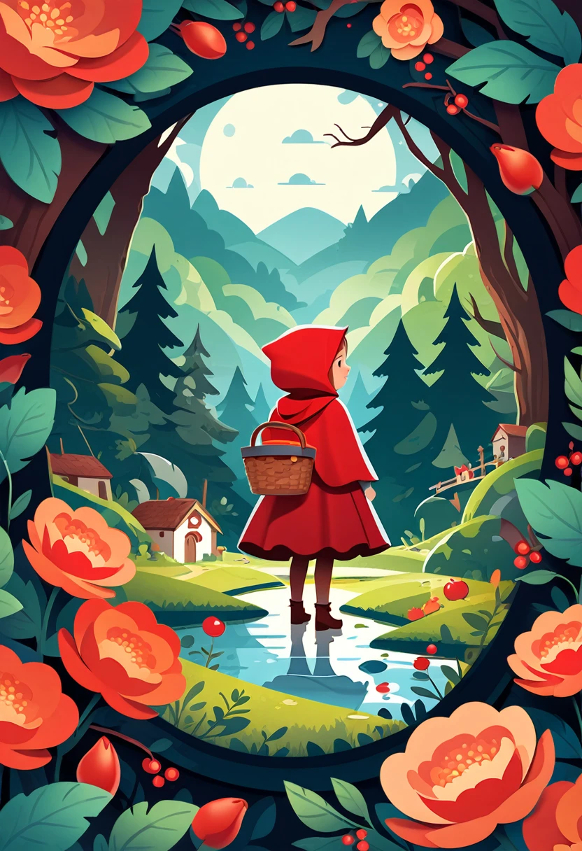 picture book cover, story of Little Red Riding Hood, flat Design, vector illustrations, graphic illustration, detailed 2d illustration, flat illustration, digital illustration, digital artwork,