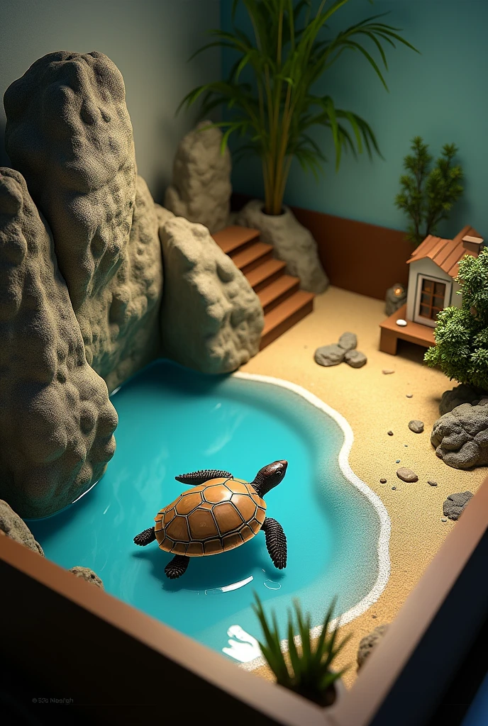 Make a square tub for turtle, where there is a sand below there water looks a like ocean an dbeach , stone , UV light , some wooden stares , small house and plants