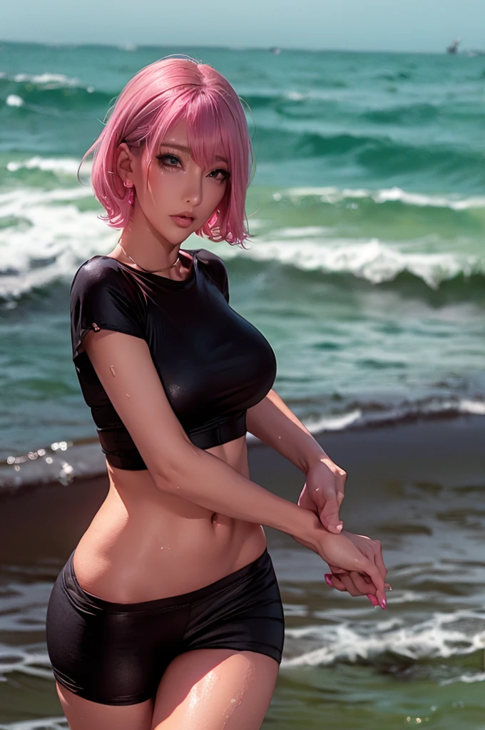 (Highest quality), Realistic, Gal,Sea of night,Night seaside,Full body,(((Big Breasts:1.2))),Sweat in the valley,Wet body,Masterpiece,Accurate human anatomy,Realistic expression,,Highly revealing,(short hair,Sharp bangs)Black panties,Fleshy crotch,(((Highest quality,Highest quality,8k images)))Pink Hair,Sexy pose,