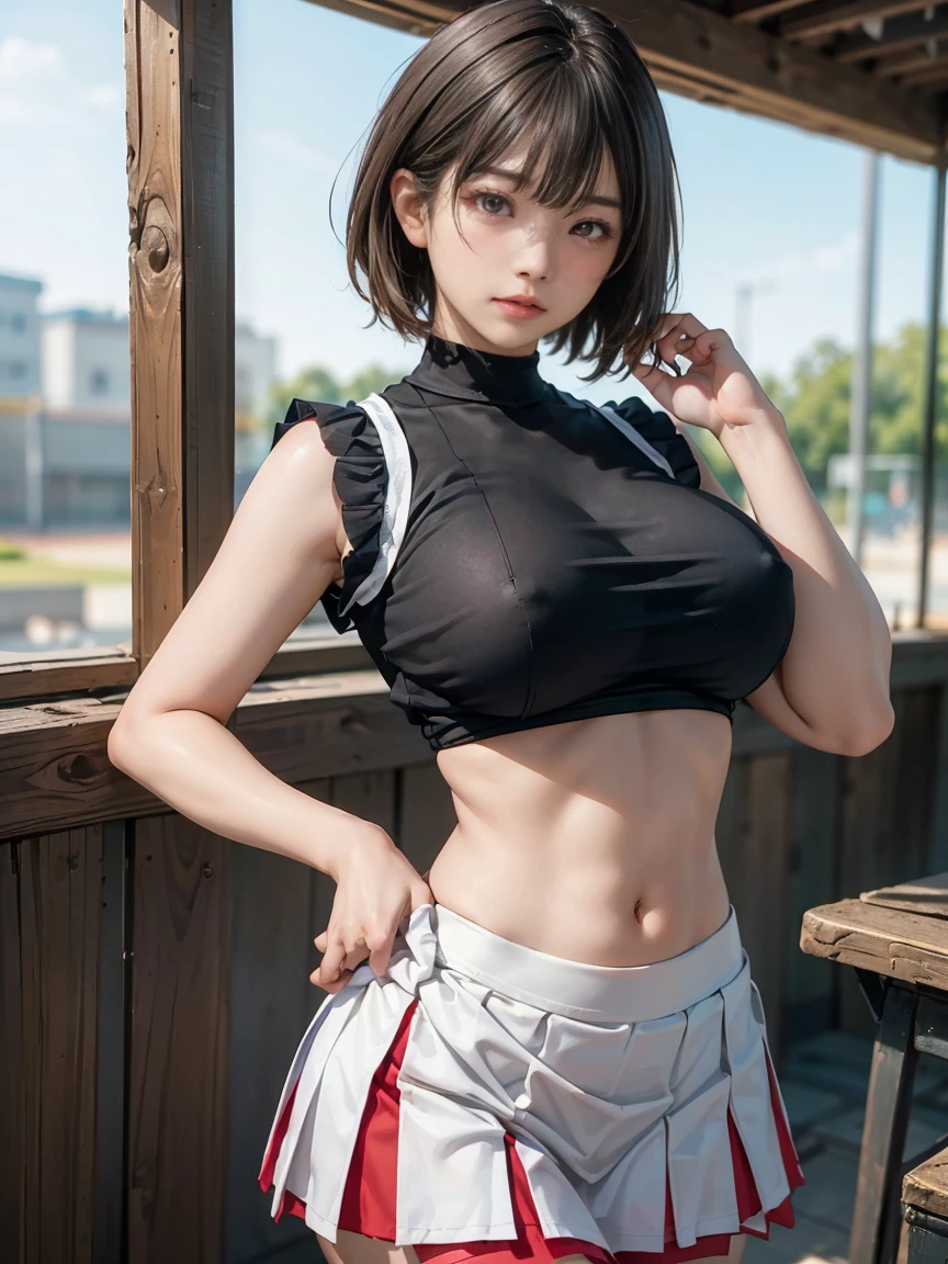 8k, RAW Photos, Highest quality, masterpiece, Realistic, Realistic, (1 Ultimate beauty), High school baseball cheerleading squad,(Strictly adhere to a composition where only one person appears in the photo)、(At the baseball stadium)(Wear rimless glasses)((Cheerleading girlsチアリーダー))(Cheerleading girls) (((Sleeveless shirts with flared skirts)))Highly detailed face, (Perfect Teeth), fine grain, double eyelid, eyelash, Lip details, (((Black short bob hair)), (((Very large breasts)))Big Breasts,(((Accentuate your cleavage)))(((Leaning forward)))Cowboy Shot, Soft Light, ((Written boundary depth))
Proceed with caution,((, Japanese women)), (((moderately fleshy body, Tight waist))), (((Front view, Realistic))Front view